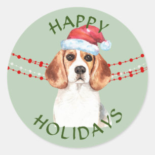 Sticker Rond Beagle Santa Hat Joyeuses Fêtes