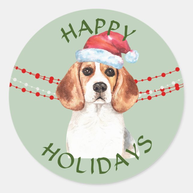 Sticker Rond Beagle Santa Hat Joyeuses Fêtes (Devant)