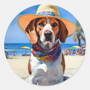 Sticker Rond Beagle sur la plage, cadeau d'été pour les amoureu