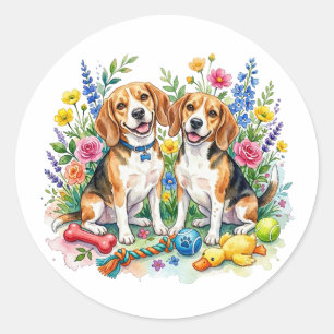 Sticker Rond Beagles aquarelle mignons
