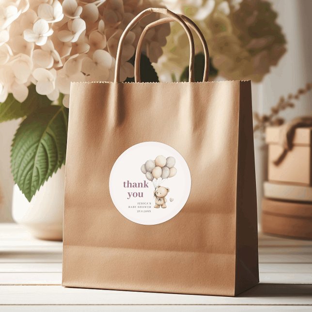 Sticker Rond Bear Balloons Pastel Purple Baby shower Merci (Créateur téléchargé)