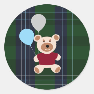 Sticker Rond Bear & Balloons Plaid Baby Shower