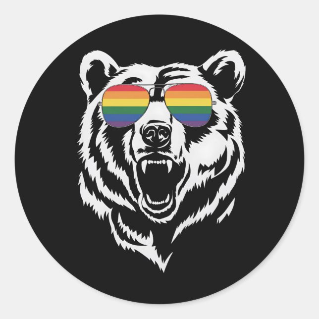Sticker Rond Bear Gay LGBTQ Rainbow Lunettes de soleil Pride Dr (Devant)