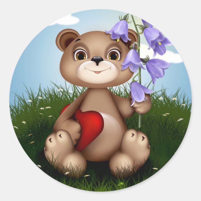 Sticker Rond Bear Holding Bouquet Flower-30926 (Devant)