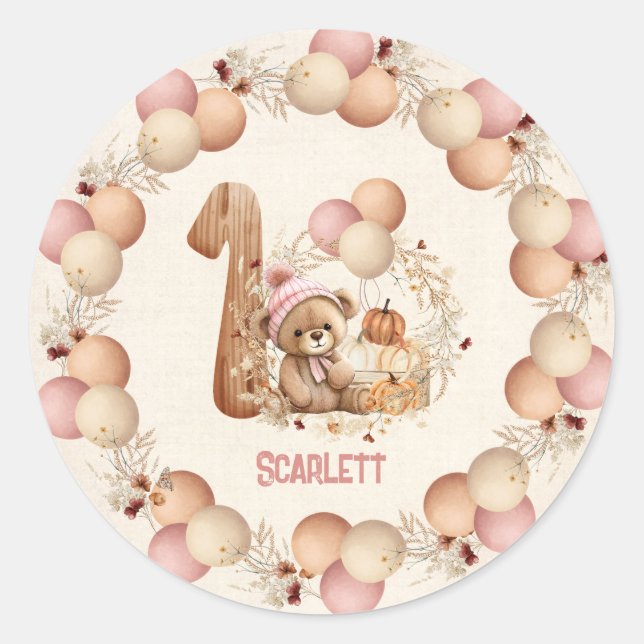 Sticker Rond Bear mignonne Automne Fille Béary 1er Anniversaire (Devant)