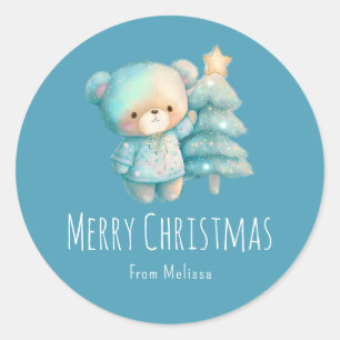 Sticker Rond Bear mignonne et sapin de Noël Turquoise