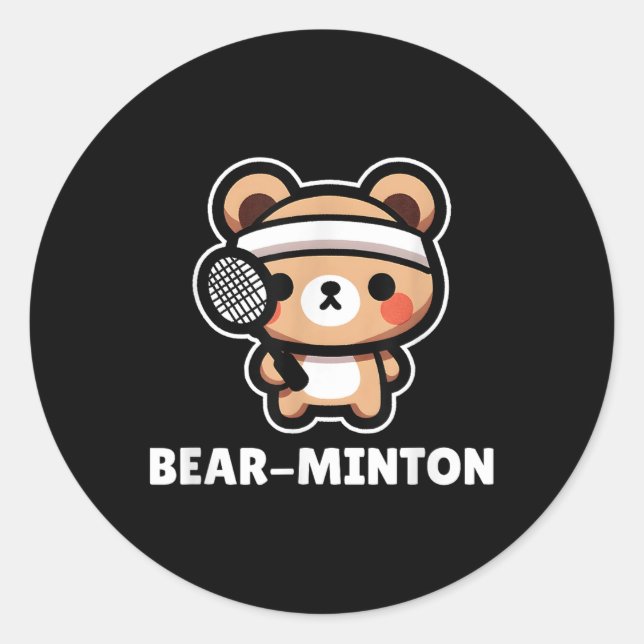 Sticker Rond Bear minton Cute Kawaii Cartoon Bear Cub Badminton (Devant)