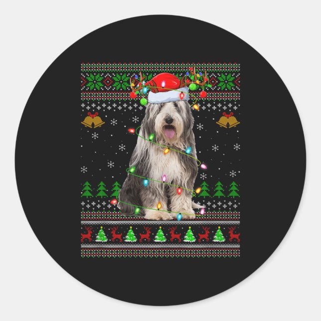 Sticker Rond Bearded Collie Dog Ugly Christmas Sweater Holiday  (Devant)