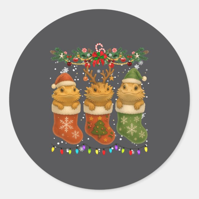 Sticker Rond Bearded Dragon In Christmas Socks Lights Bearded D (Devant)