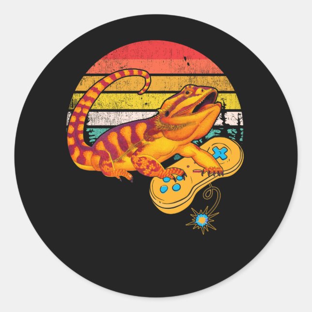 Sticker Rond Bearded Dragon Playing Video Game Reptiles Pagona (Devant)