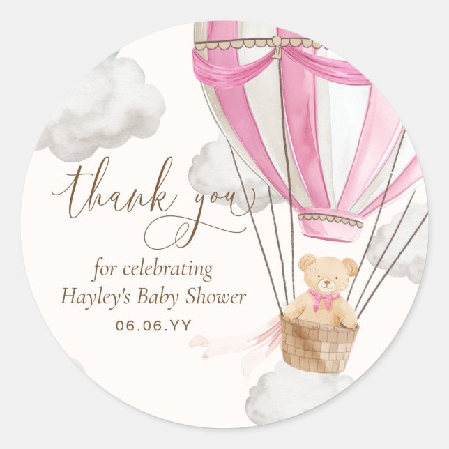 Sticker Rond Bearly Wait Teddy Ours Merci rose Baby shower (Devant)