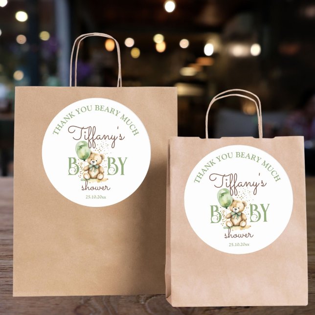 Sticker Rond Bearly wait teddy ours vert baby shower faveur (Bearly wait teddy bear green baby shower favor sticker thank you stickers )