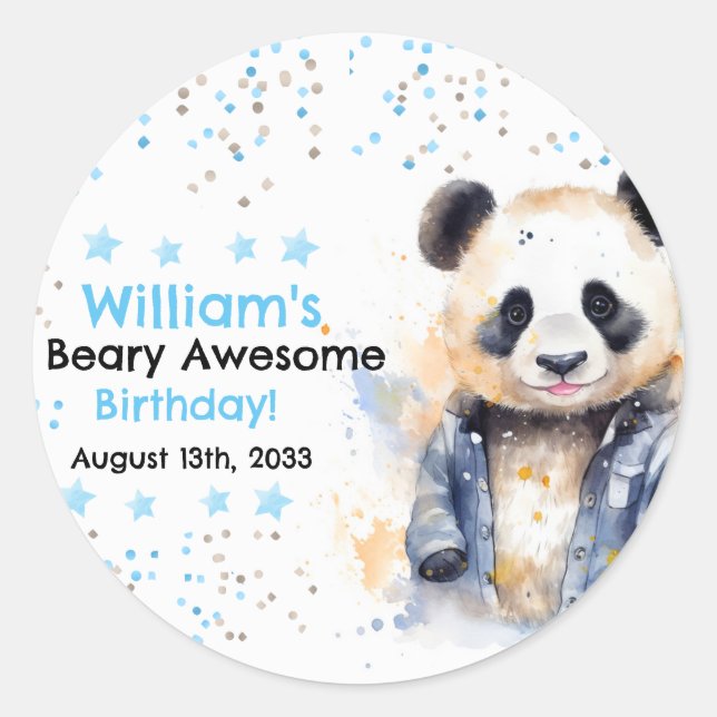 Sticker Rond Beary Awesome Boys Aquarelle Panda Anniversaire (Devant)