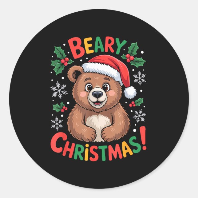 Sticker Rond Beary Christmas Cute Bear Santa Funny Holiday  (Devant)