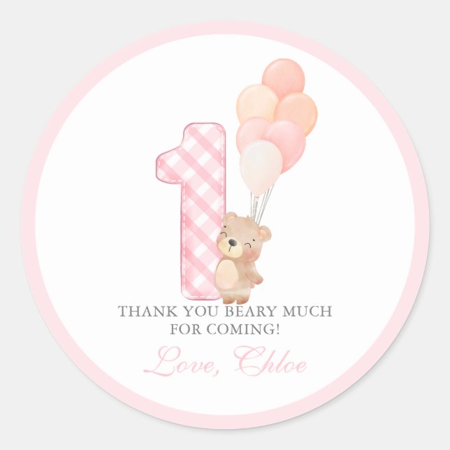Sticker Rond Beary First Teddy Bear Girl Birthday Party (Devant)