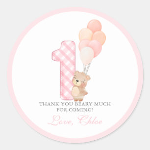 Sticker Rond Beary First Teddy Bear Girl Birthday Party