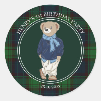 Sticker Rond Beary first teddy bear green plaid birthday favor