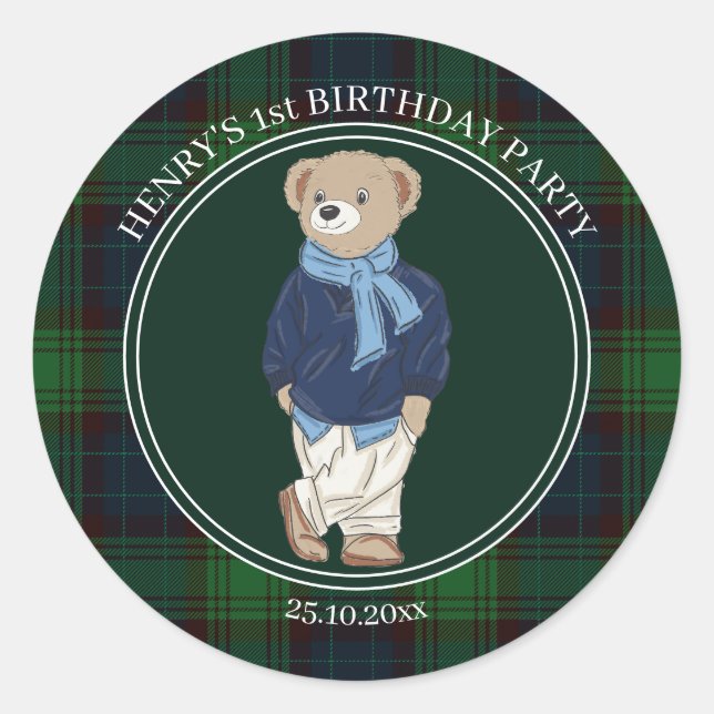 Sticker Rond Beary first teddy bear green plaid birthday favor (Devant)