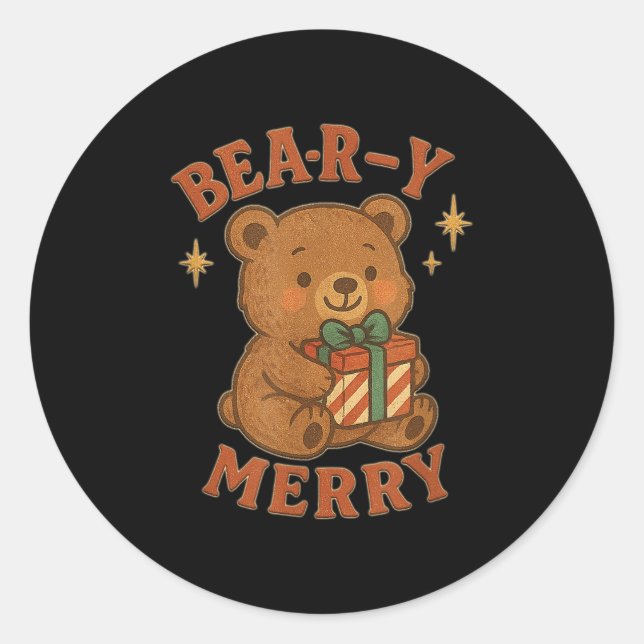 Sticker Rond Beary Merry Cute Retro Christmas Bear Gift Box Vin (Devant)