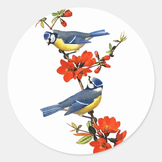 Sticker Rond Beau arbre vintage fleurs rouges oiseaux (Devant)