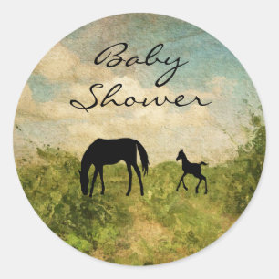 Sticker Rond Beau Baby shower de Mare et Foal Horse