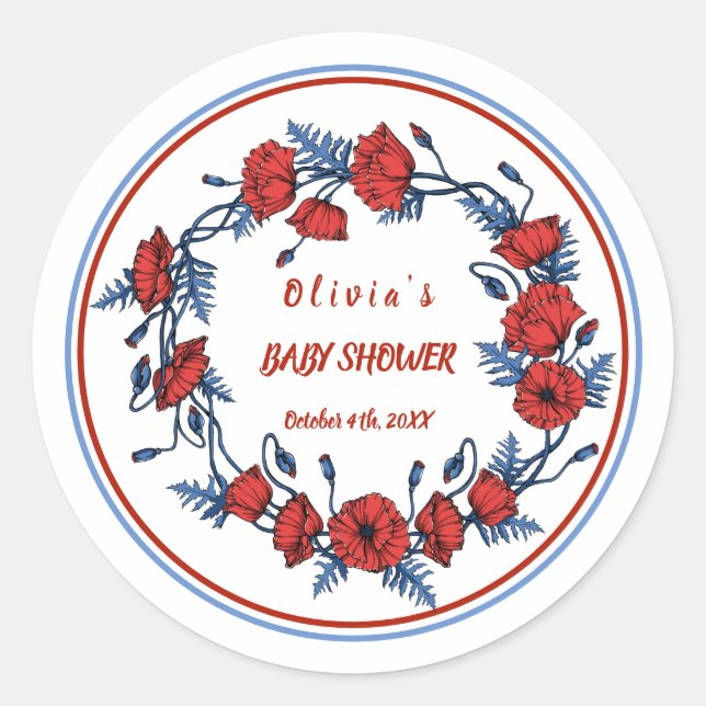 Sticker Rond Beau Baby shower Floral Poppy Personnalisé (Devant)