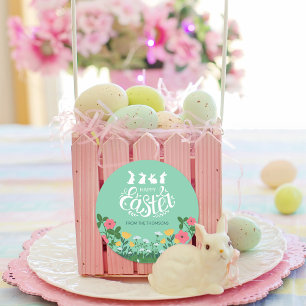 Sticker Rond Beau Blanc Vert Printemps Fleur sauvage Joyeux Pâq