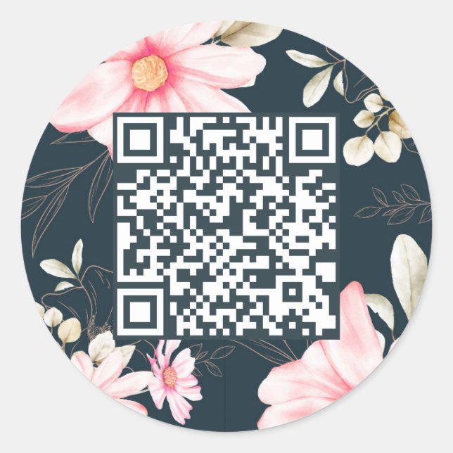 Sticker Rond Beau Blush Floral QR Code Bleu foncé (Devant)