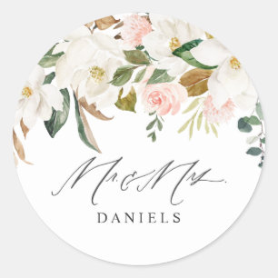 Sticker Rond Beau Blush & White Floral Mr & Mrs Mariage