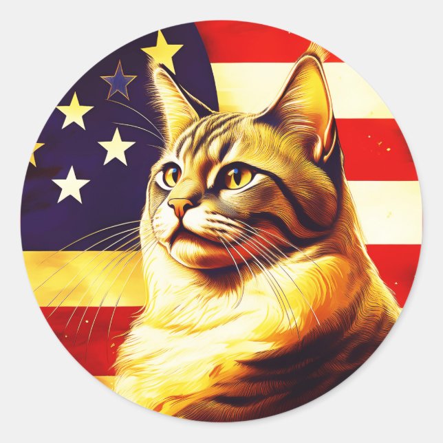 Sticker Rond Beau Chat avec Arrière - plan de drapeau américain (Devant)