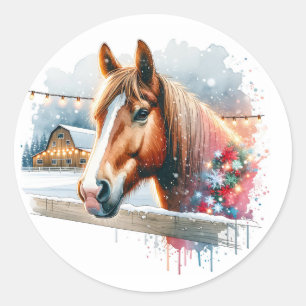 Sticker Rond Beau Cheval Brown à la ferme Noël