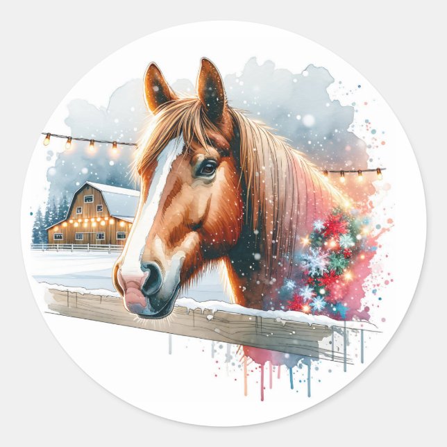 Sticker Rond Beau Cheval Brown à la ferme Noël (Devant)
