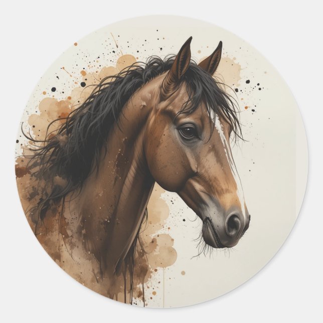 Sticker Rond Beau Cheval Brun Animal Art (Devant)