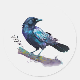 Sticker Rond Beau Corbeau sur une branche d'arbre
