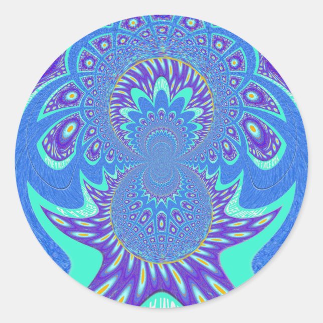 Sticker Rond Beau Cyan bleu moderne batik Kaleidoscope Art (Devant)
