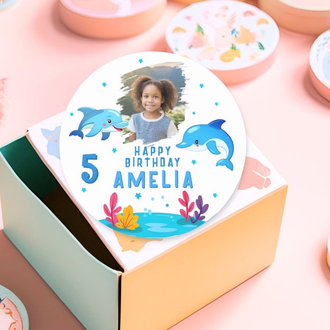 Sticker Rond Beau Dauphin Sea Animaux Photo Anniversaire (Créateur téléchargé)