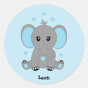 Sticker Rond Beau éléphant en bleu, dessiné à la main