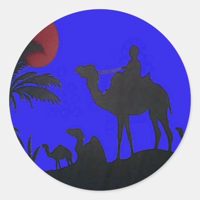 Sticker Rond Beau Extraordinaire Sunset Camel Safari Art Imprim (Devant)