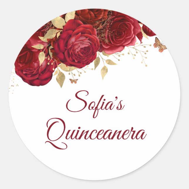 Sticker Rond Beau Favori de Fête de Quinceanera aux Roses Rouge (Devant)