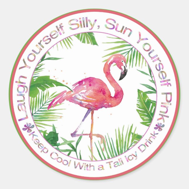 Sticker Rond Beau Flamant rose et palmiers Dire amusant (Devant)