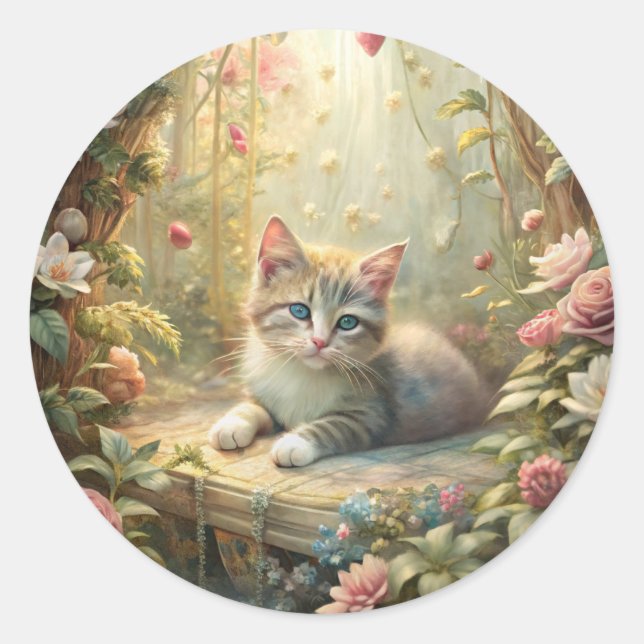Sticker Rond Beau Kitten en Jardin Rose (Shabby Chic) (Devant)