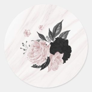 Sticker Rond Beau marbre noir & rose fleurs