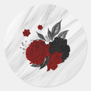 Sticker Rond Beau marbre noir & rouge fleurs