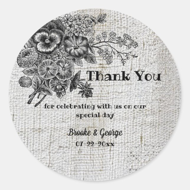 Sticker Rond Beau Mariage de Fleurs Noir & Gris (Devant)