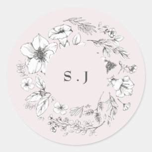 Sticker Rond Beau Monogramme Floral Blush Sketched Wreath