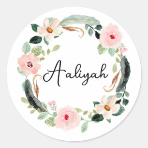 Sticker Rond Beau nom personnalisé Monogram Floral Wreath