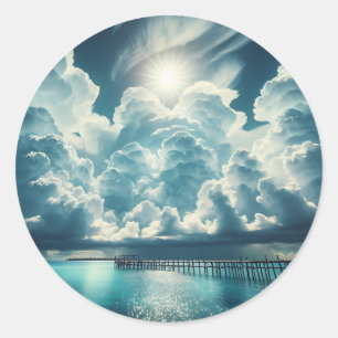 Sticker Rond Beau Océan, Dock et nuages fluides