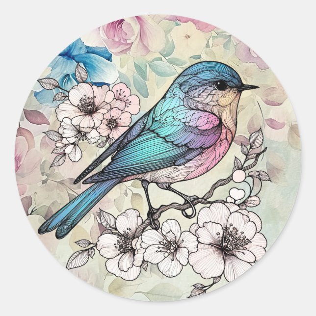 Sticker Rond Beau Printemps  Aquarelle Fleur Oiseau (Devant)