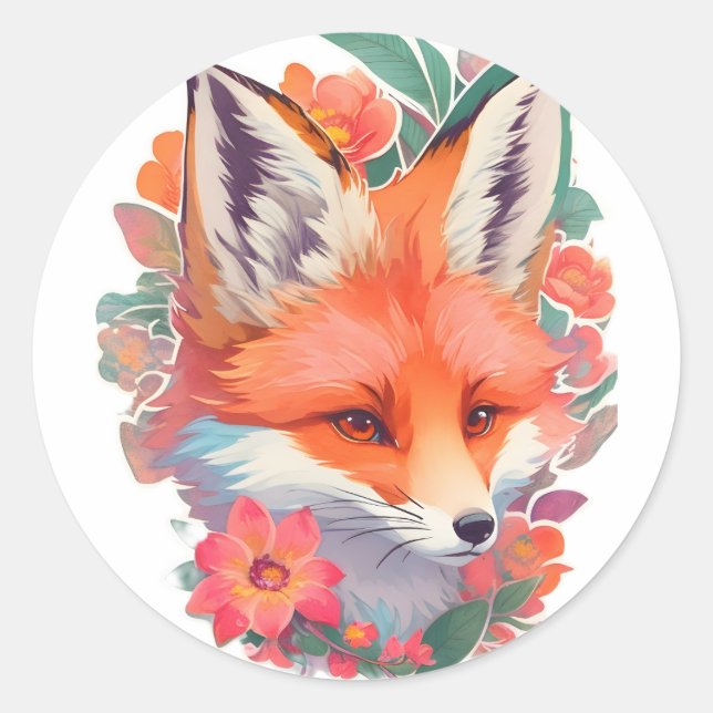 Sticker Rond Beau renard orange clair couleur vive en fleurs (Devant)