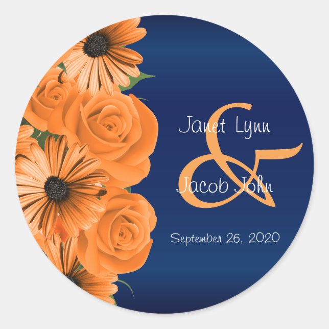 Sticker Rond Beau Rose orange et Mariage bleu marine (Devant)